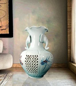 celadon jar with two-eared elephant design, including the box