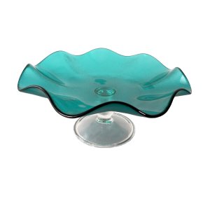 Vintage Hand Blown Turquoise Glass Compote Ruffled Bowl Clear Stem Large