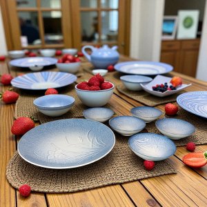 Japanese Arita Serving Bowl Blue Iris Orchid Embossed and Three Small Bowls