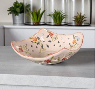 Vintage Decorative Hand painted Portugal Ceramic Octagonal Reticulated Floral Basket