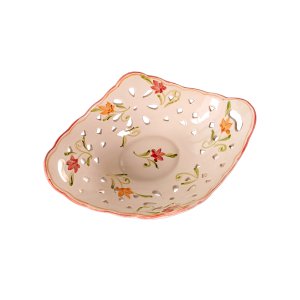 Vintage Decorative Hand painted Portugal Ceramic Octagonal Reticulated Floral Basket