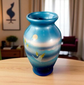 Tajimi Porcelain Japanese Vase Asian Mountains Crane Birds Blue Landscape Antiqu