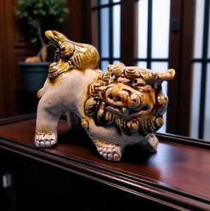 Pair of Japanese vintage ceramic Guardian lion dog
